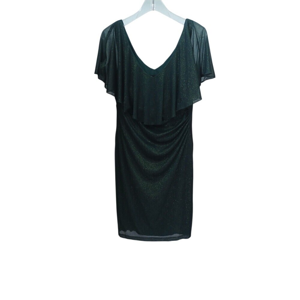 Connected Apparel Green Glitter Dress Size 10 Ruched Flutter Sleeve V Neck Party
